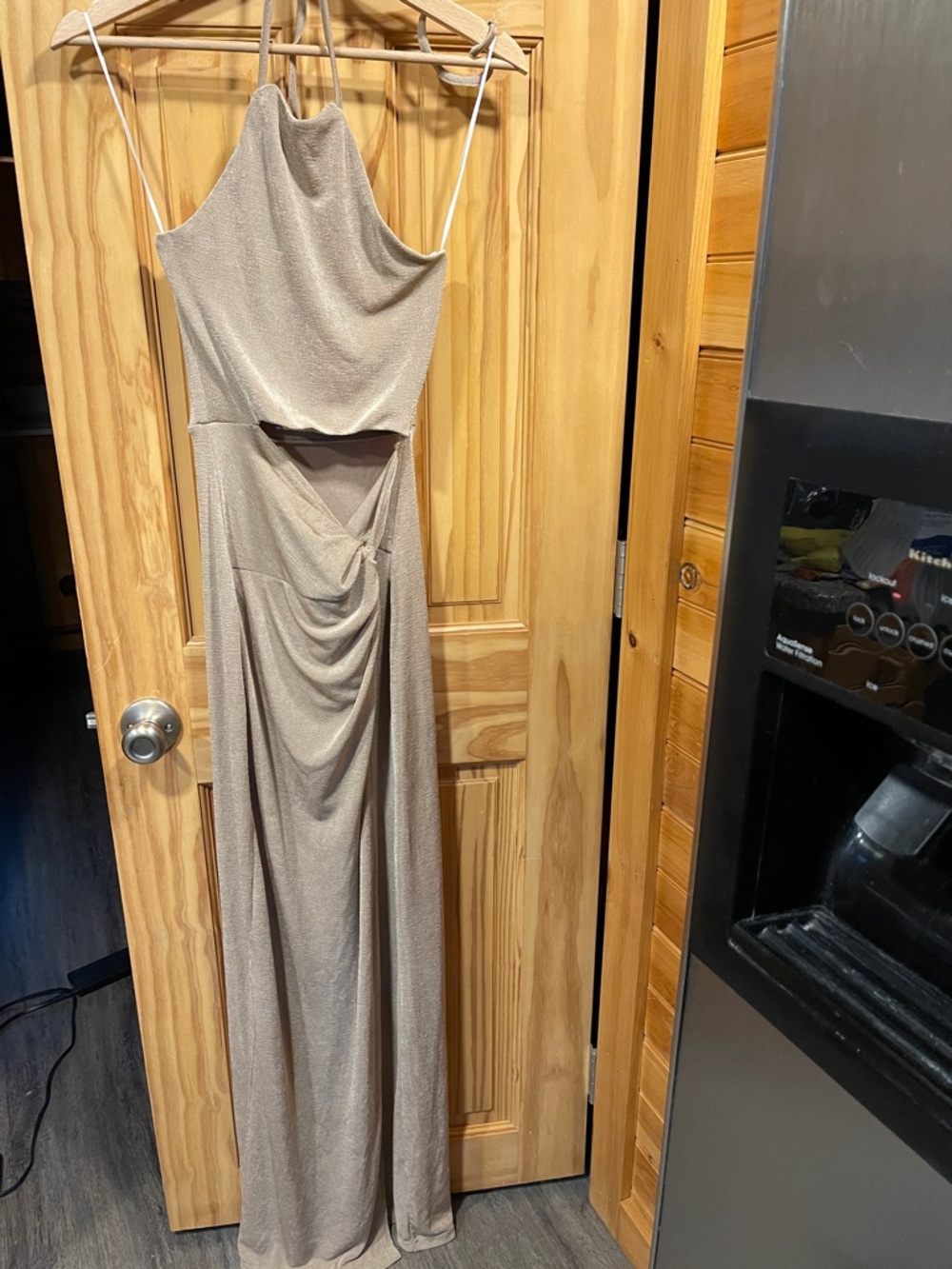 Petal & Pup Shimmery Champagne Halter Maxi Dress